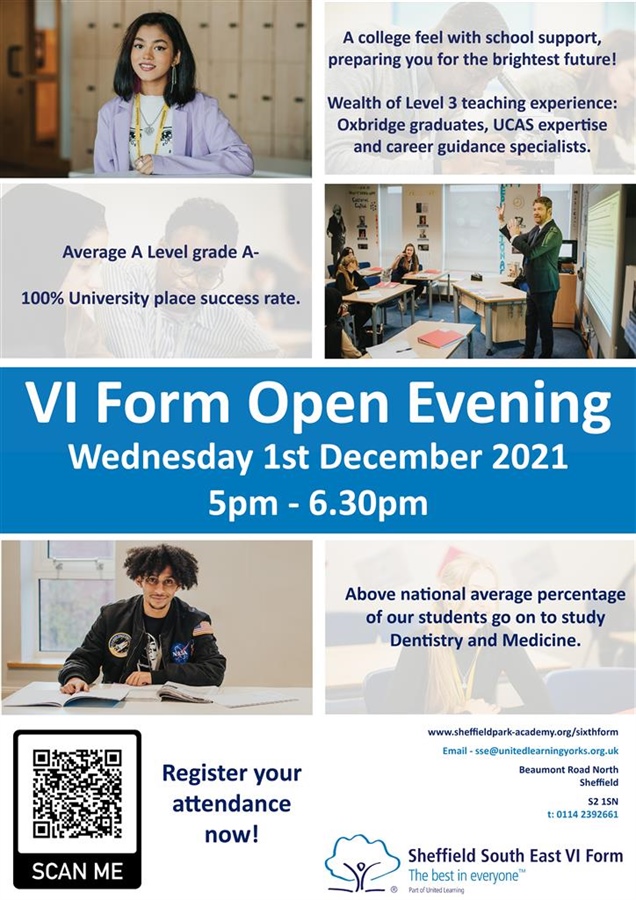 Sheffield South East VI Form - Open Evening. Wednesday 1st December 5pm - 6.30pm