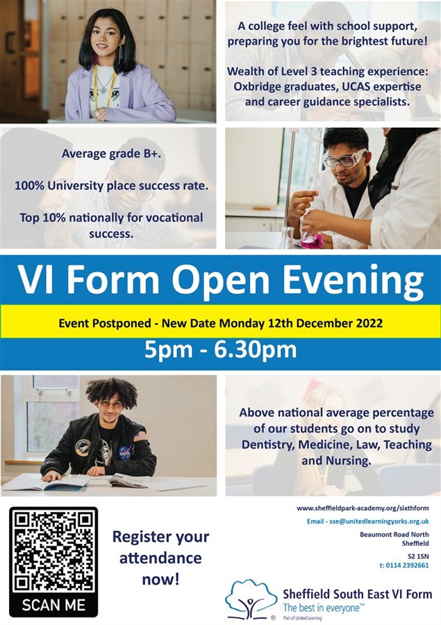 POSTPONED Sheffield South East VI Form - Open Evening